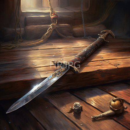 High Resolution: Ornate silver dagger with intricate gold designs on its blade and hilt rests diagonally across wooden planks in dim light near matching gauntlet armor download. | HRJPG.com
