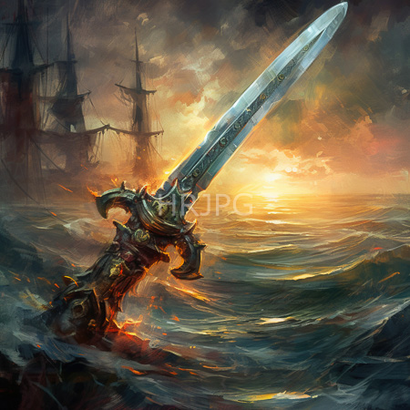 High Resolution: Ornate glowing sword with intricate designs emerging from turbulent ocean waves during sunset with darkened ship masts in the background download. | HRJPG.com