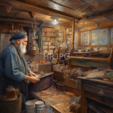 High Resolution: Elderly bearded man with white hair and blue beret wearing dark overalls in his rustic wooden workshop filled with jars of preserves download. | HRJPG.com