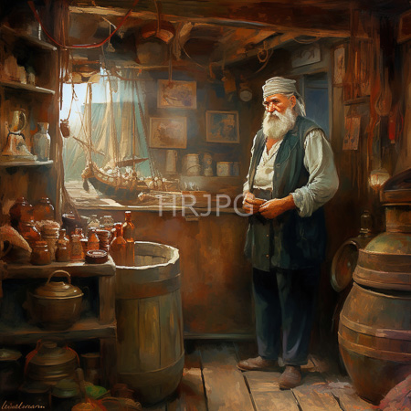 High Resolution: Elderly white man with a long gray beard and mustache wearing a headband vest over a shirt in his cluttered wooden kitchen workshop with jars of preserves download. | HRJPG.com