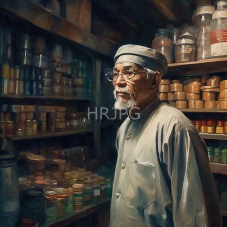 High Resolution: Elderly Asian man with glasses white beard and mustache wearing traditional light gray Chinese pharmacist attire stands in his cluttered apothecary shop download. | HRJPG.com