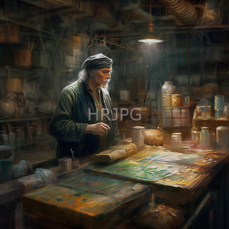 High Resolution: Elderly bearded man with long white hair wearing green and black clothing along with a gray headscarf stands at a cluttered wooden workbench with jars of powders download. | HRJPG.com