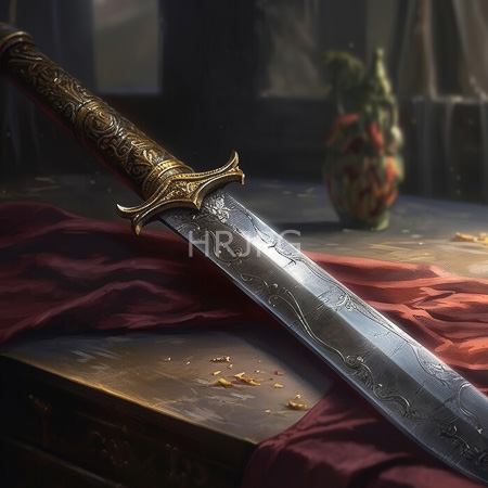 High Resolution: Ornate gold-hilted sword with intricate engravings on its blade rests diagonally across red velvet cloth atop a wooden table in dim light download. | HRJPG.com