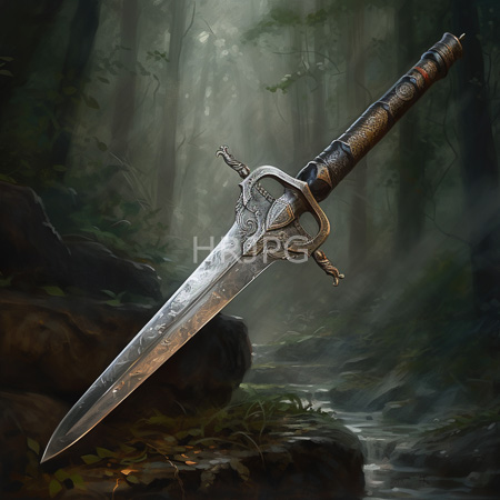 High Resolution: Intricately designed silver sword with ornate patterns on its blade and hilt rests against dark rocks in a misty forest stream setting download. | HRJPG.com