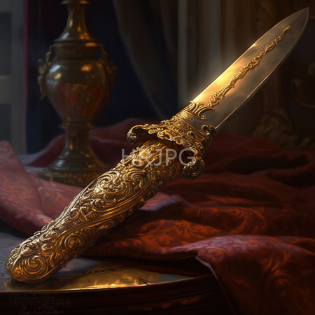 High Resolution: Ornate gold-handled dagger with intricate floral and scrollwork patterns on its hilt is partially sheathed against rich red silk fabric download. | HRJPG.com