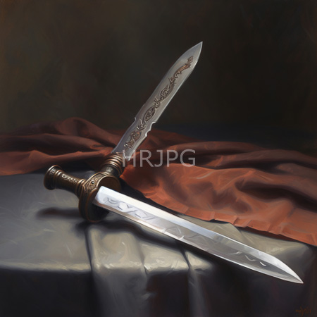 High Resolution: Ornate double-edged dagger with intricate patterns on its blade and gold accents rests diagonally across two draped fabrics on a dark background download. | HRJPG.com