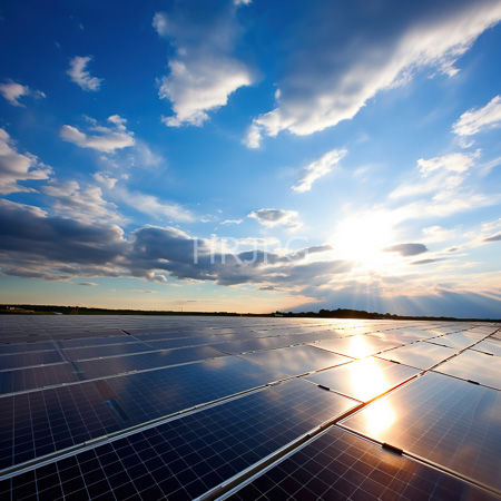 High Resolution: Expansive solar panel field under a vibrant blue sky with scattered clouds at sunset sunlight reflecting off the panels download. | HRJPG.com