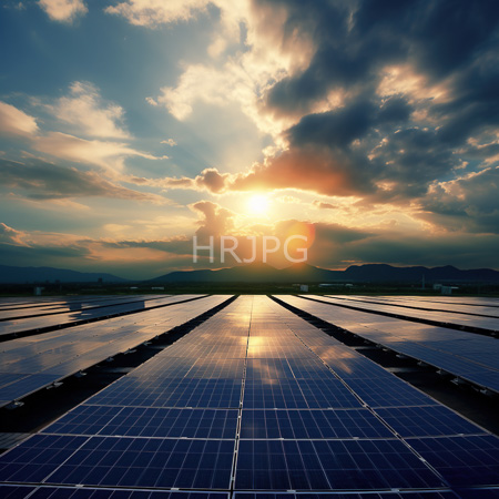 High Resolution: Expansive solar panel field at sunset with rows of blue-tinted photovoltaic panels stretching into the distance under dramatic clouds download. | HRJPG.com