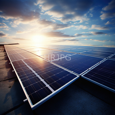 High Resolution: Solar panels on a rooftop at sunset with a blue sky and scattered clouds sunlight reflects off dark-blue textured surfaces creating grid patterns download. | HRJPG.com