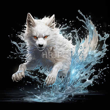 High Resolution: Intense white-furred wolf with piercing orange eyes leaping through splashing water against a black background with dynamic blue and clear droplets download. | HRJPG.com