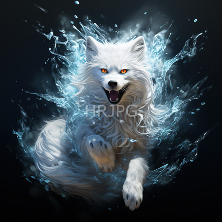 High Resolution: Ethereal white wolf with glowing orange eyes surrounded by dynamic blue water splashes against a dark background mid-leap forward download. | HRJPG.com