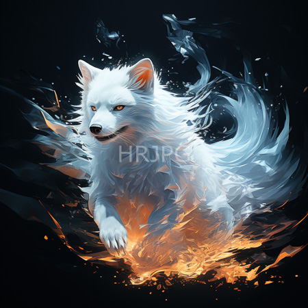 High Resolution: Ethereal white wolf with flowing translucent fur and piercing amber eyes emerging from fiery orange embers against a dark background download. | HRJPG.com