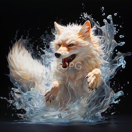 High Resolution: Energetic fluffy white fox with orange accents and sharp claws leaping through dynamic water splashes against a black background download. | HRJPG.com