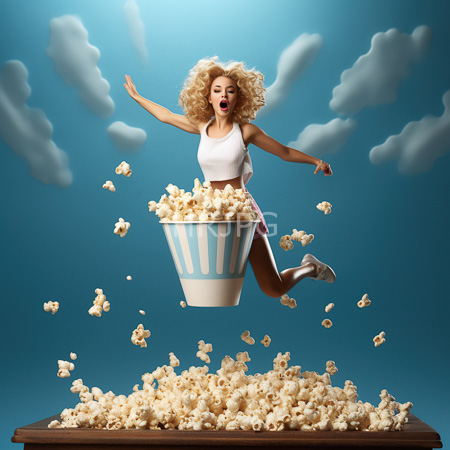 High Resolution: Ecstatic curly-haired woman jumping from inside a large popcorn-filled bucket against a blue sky background surrounded by flying popcorn pieces download. | HRJPG.com