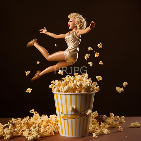 High Resolution: Animated blonde Barbie doll mid-jump from atop a yellow-striped popcorn bucket against a dark brown background with popcorn pieces scattering download. | HRJPG.com