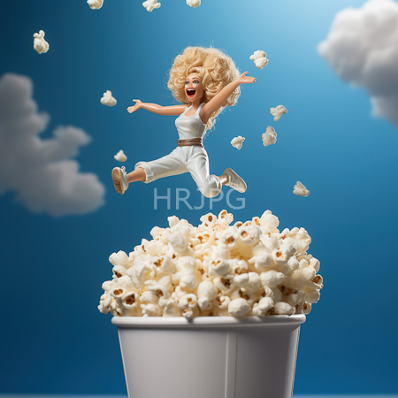 High Resolution: Animated curly-haired blonde girl joyfully jumping from above with popcorn flying around her over a large bucket filled to overflowing with popped corn download. | HRJPG.com