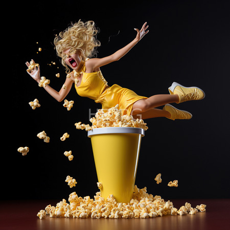 High Resolution: Energetic blonde woman with curly hair mid-leap from inside a large popcorn-filled cup against a black background shouting joyfully download. | HRJPG.com