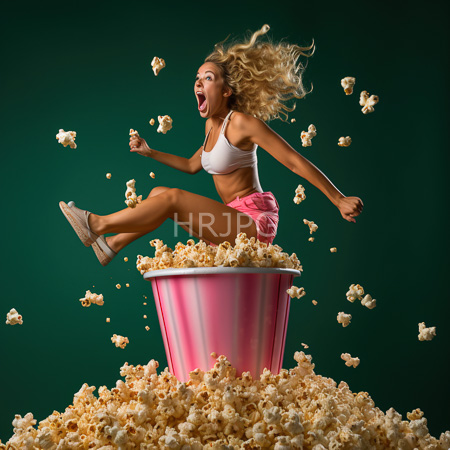 High Resolution: Athletic blonde woman with curly hair jumping joyfully from atop a large pink-striped popcorn bucket filled to overflowing against a dark green background download. | HRJPG.com