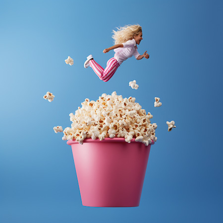 High Resolution: Action shot features a blonde-haired dark-skinned doll mid-jump above a large pail filled with popcorn against a solid blue background download. | HRJPG.com