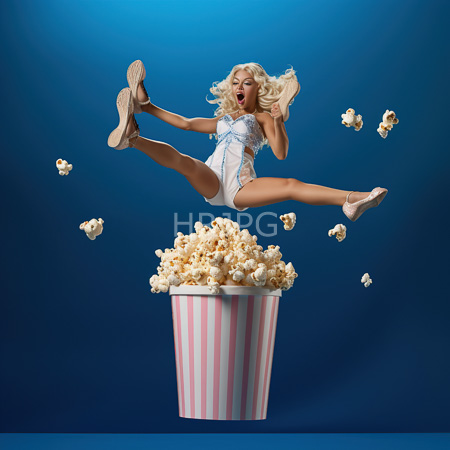 High Resolution: Energetic blonde woman with curly hair wearing blue lace lingerie mid-air in front of a popcorn-filled striped container performing a split-leg jump download. | HRJPG.com