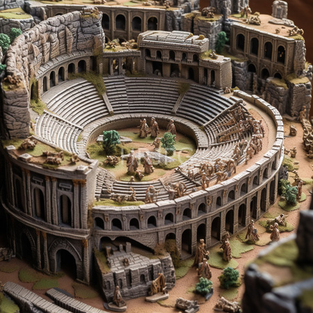 High Resolution: Intricate detailed miniature model depicts an ancient Roman amphitheater with tiered stone seating and arched architecture surrounding a central arena with gladiators download. | HRJPG.com