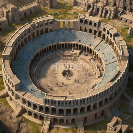 High Resolution: Aerial photograph of an ancient Roman amphitheater with circular stone architecture blue tiered seating and a central arena with concentric pathways download. | HRJPG.com