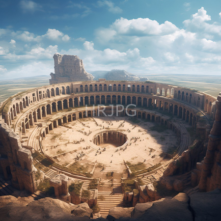 High Resolution: Photorealistic ancient Roman amphitheater with multiple tiers arched windows and a central arena under a bright blue sky with fluffy clouds download. | HRJPG.com
