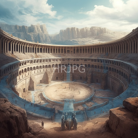 High Resolution: Ancient Roman amphitheater with multiple tiers featuring tall columns and arched windows with four armored figures standing at the center bottom download. | HRJPG.com