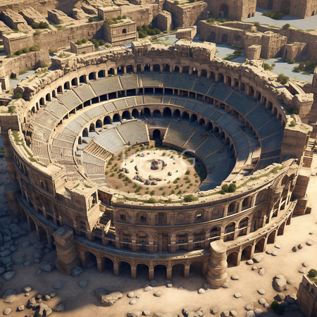 High Resolution: Detailed ancient Roman amphitheater viewed from above in daylight with realistic textures and a circular structure featuring multiple tiers of stone seats download. | HRJPG.com