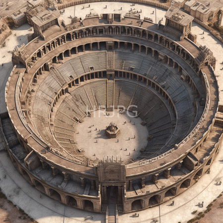 High Resolution: Aerial photograph of an ancient circular Roman amphitheater with multiple concentric tiers and arched entrances surrounding its central arena download. | HRJPG.com