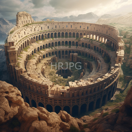 High Resolution: Photorealistic ancient massive circular Roman amphitheater with multiple tiers and arched openings weathered stone walls and greenery in the central arena download. | HRJPG.com