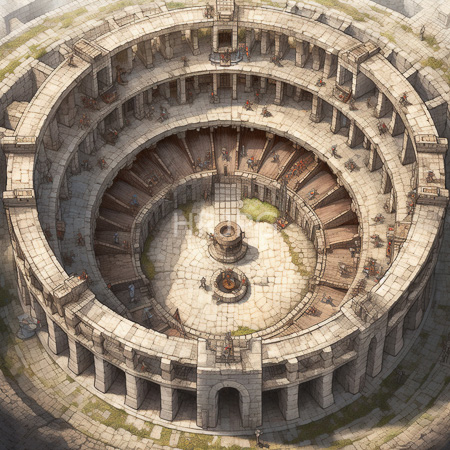 High Resolution: Aerial photograph of an ancient circular Roman amphitheater with multiple concentric tiers weathered stone arches and columns with two small fountains in the central arena download. | HRJPG.com