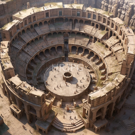 High Resolution: Ancient Roman amphitheater viewed from above showcasing its circular stone structure with multiple tiers and arches surrounding a central arena where small groups of people walk download. | HRJPG.com