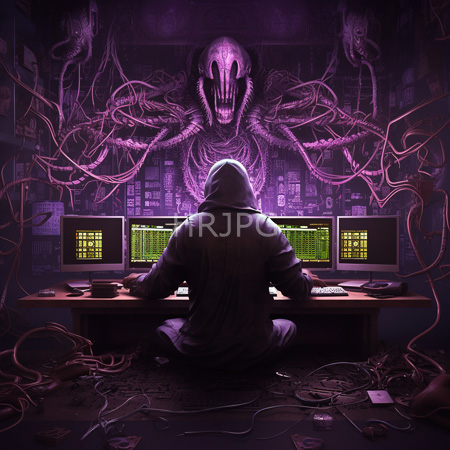 High Resolution: Anonymous figure in dark hooded clothing seated at three computer monitors displaying green text codes a purple-skinned spider-like creature looms behind download. | HRJPG.com