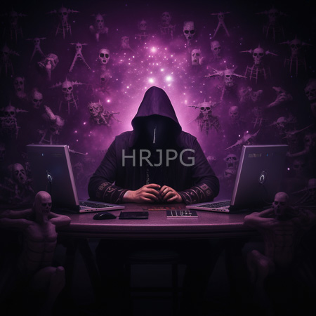 High Resolution: Anonymous hacker in a dark hoodie and black mask sitting at a desk with two laptops under purple neon light with skull patterns on the wall download. | HRJPG.com