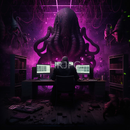 High Resolution: Eerie dark room with purple lighting and a tentacle-like creature in the background a hooded person sits at a desk facing two computer monitors download. | HRJPG.com