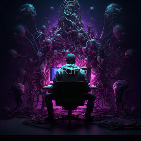 High Resolution: Anonymous figure in dark clothing seated at a desk with two glowing monitors under purple and blue lighting interacting with swirling tentacles of ethereal creatures download. | HRJPG.com