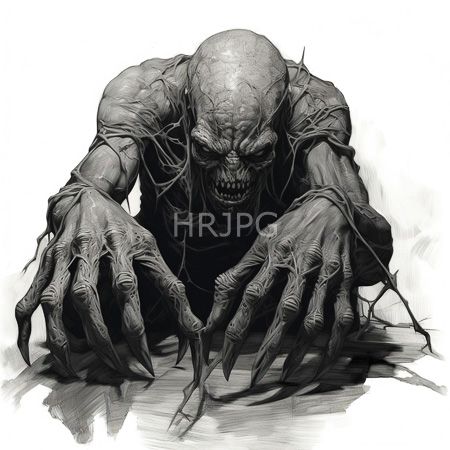 High Resolution: Detailed monochromatic drawing of an ominous humanoid creature withered and muscular features crouching menacingly on all fours against a white background download. | HRJPG.com