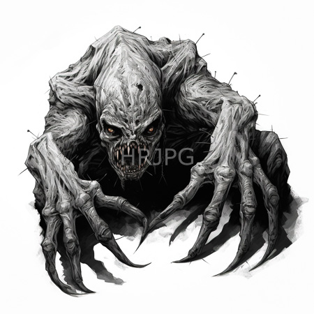 High Resolution: Eerie monstrous creature with grayish-white skin and sharp claws emerging from shadows on a white background with large yellow eyes and bared teeth download. | HRJPG.com