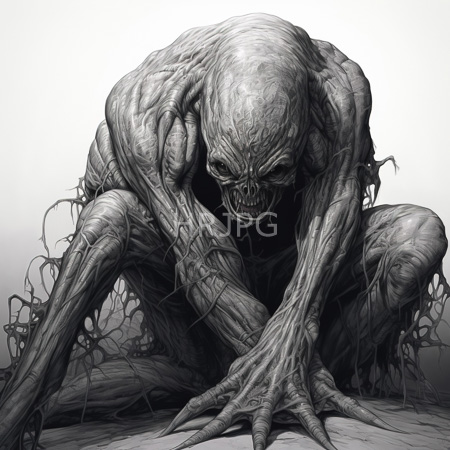 High Resolution: Ominous muscular monster with wrinkled skin and sharp teeth crouching menacingly on all fours with elongated fingers gripping the ground download. | HRJPG.com