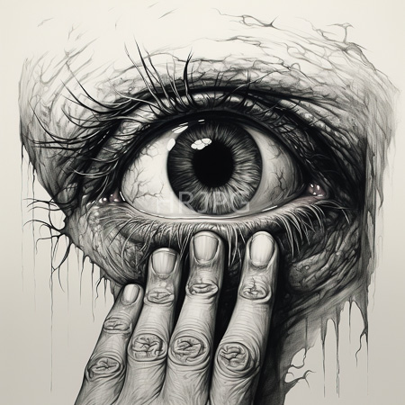 High Resolution: Highly detailed black-and-white drawing of an eye with pronounced wrinkles and cracks around it a hand covers part of the lower eyelid download. | HRJPG.com