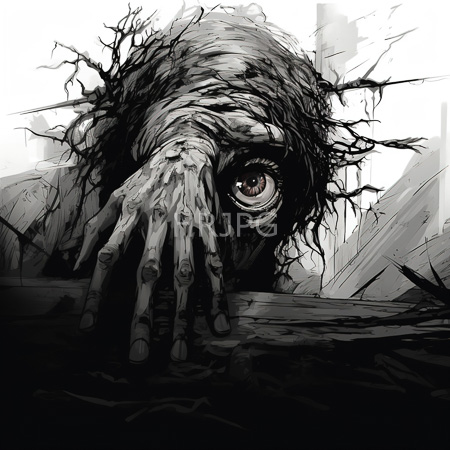 High Resolution: Monochromatic drawing depicts an eerie humanoid creature with twisted branches for hair and one large eye staring intensely from behind cracked wooden planks download. | HRJPG.com