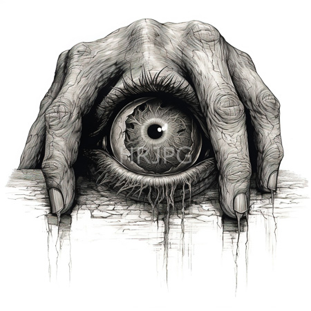 High Resolution: Detailed black-and-white drawing depicts an eerie human hand with wrinkled skin holding up its own eye above a cracked paper-like surface download. | HRJPG.com
