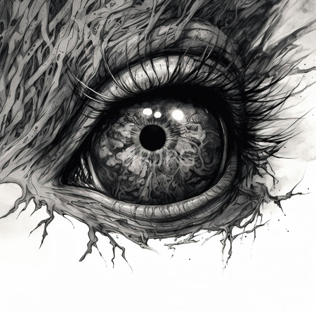 High Resolution: Highly detailed black-and-white drawing of an intense human eye with intricate textures and veins radiating from it on white paper background download. | HRJPG.com