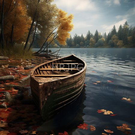 High Resolution: Old weathered wooden rowboat partially submerged in calm lake water with autumn leaves floating around it surrounded by golden-yellow and green trees download. | HRJPG.com