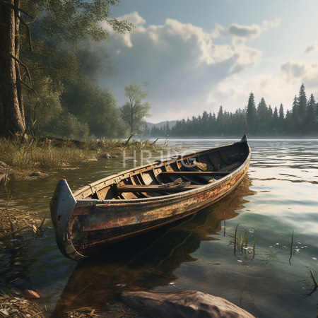 High Resolution: Old weathered wooden canoe resting in shallow water at dawn or dusk surrounded by a misty forest with tall trees and grasses on the shorelines download. | HRJPG.com