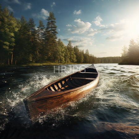 High Resolution: Empty wooden canoe cutting through rippling water in a forested lake during sunset with tall pine trees lining both shores download. | HRJPG.com