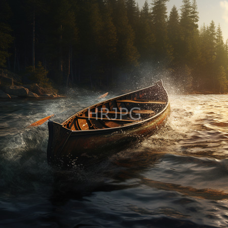 High Resolution: Old wooden canoe with visible interior planks cutting through turbulent water in sunlight surrounded by dense evergreen forest on a rocky shore download. | HRJPG.com