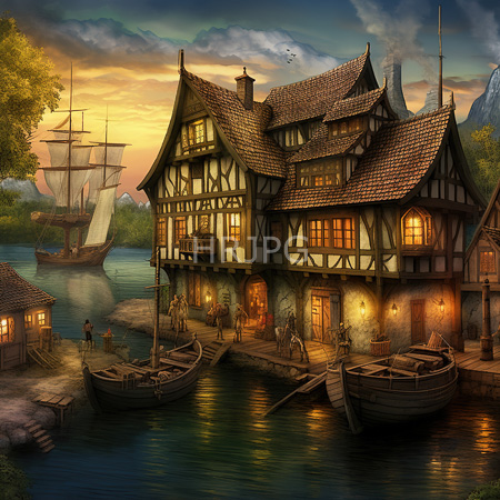 High Resolution: Enchanting medieval village at sunset featuring half-timbered houses with warm yellow lights glowing from windows and lanterns by calm waterways download. | HRJPG.com