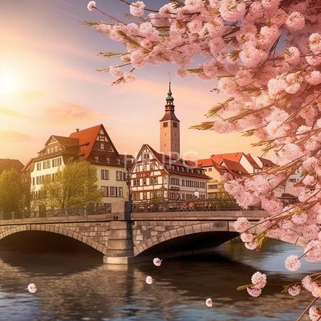 High Resolution: Idyllic European town at sunset featuring cherry blossom branches reflecting over calm water below a stone arch bridge and half-timbered buildings download. | HRJPG.com